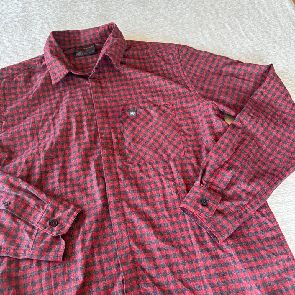 Mammut Winter LS Shirt Large Red Black Gingham Check Flannel Hiking Button Up